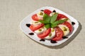 Plate of healthy classic delicious caprese on a white plate on a light linen tablecloth clear space