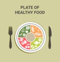 Plate of healthy food. Healthy plate. Vector illustration. Labeled educational food example scheme Royalty Free Stock Photo