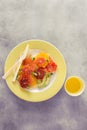 Plate healthy summer fruit salad oranges grapefruit avocado juice Top view flat lay Healthy dietary food concept Royalty Free Stock Photo