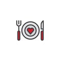 Plate with heart, fork and knife filled outline icon