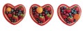 Plate heart, fruit berries, cherry, strawberry, blueberry isolated