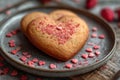 Plate with heart shaped cookie cake.