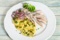 Plate of herring fish with potatoes slices and red onion,  fennel and parsley Royalty Free Stock Photo