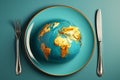 A plate holds a globe with a fork, set against a blue background