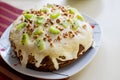 Plate with homemade kiwi cake with nuts. Easter cake.