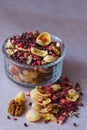 Plate of homemade muesli with cornflakes, freeze dried strawberry, walnuts, chocolate balls, pumpkin seeds Royalty Free Stock Photo