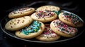 A plate of homemade sugar cookies decorated with icing an three generative AI