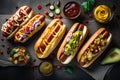 a plate of hot dogs, each dressed with different condiments and toppings