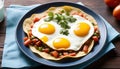 a plate of huevos rancheros topped with two eggs and tomatoes