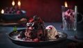 a plate of ice cream with berries and a candle in the background with a glass of ice cream and a pla