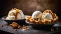 a plate of ice cream with a bunch of nuts The Tempting Harmony of Vanilla, Caramel, and Nuts