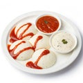 Plate of idli with assorted red and white sauces isolated on white background Royalty Free Stock Photo