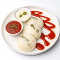 Plate of idli with assorted red and white sauces isolated on white background Royalty Free Stock Photo