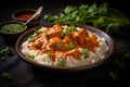 Plate with Indian butter chicken meal with rice on dark background