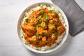 Top view of Indian butter chicken meal with rice in white plate
