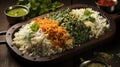 A plate of Indian sweets and delicacies arranged in the shape of the Indian tricolor