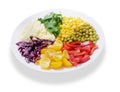 Plate of ingredients for salad : couscous, rocket salad, tomatoes, cabbage,  pepper, corn and green pea on white background Royalty Free Stock Photo