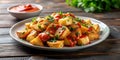 A plate of irregularly shaped patatas bravas nature background AI-Generated Content