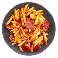 Plate with italian macaroni with pepperoni and tomato sauce isolated over white background Royalty Free Stock Photo