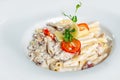 Plate of Italian penne pasta topped with a creamy sauce. Royalty Free Stock Photo