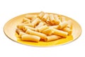 Plate of italian rigatoni pasta over white isolated background Royalty Free Stock Photo