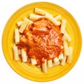 Plate of italian rigatoni pasta with tomato sauce over white isolated background Royalty Free Stock Photo