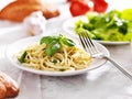 Plate of italian spaghetti with pesto sauce Royalty Free Stock Photo