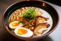 a plate of japanese ramen, with thick noodles in a flavorful broth