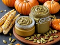 A Plate With A Jar Of Green Pest Next To A Pumpkin. Generative AI Royalty Free Stock Photo