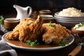 plate of juicy fried chicken, with side of mashed potatoes and gravy