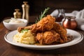 plate of juicy fried chicken, with side of mashed potatoes and gravy