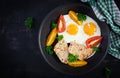 Plate with a keto diet food. Fried egg, meatloaf, and tomatoes. Royalty Free Stock Photo