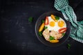 Plate with a keto diet food. Fried egg, meatloaf, and tomatoes.Plate with a keto diet food. Fried egg, meatloaf, and tomatoes. Royalty Free Stock Photo