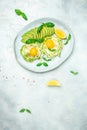 Plate with a keto diet food. paleo keto breakfast fried eggs, zucchini and avocado. Keto, paleo breakfast. vertical image. top Royalty Free Stock Photo