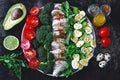 Plate with a keto diet food. A set of products for the ketogenic diet on a plate. Cherry tomatoes, boiled broccoli, steamed chicke Royalty Free Stock Photo