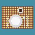 Plate, knife, fork, spoon and cup on the table. Top view of table setting. Vector illustration in flat style Royalty Free Stock Photo