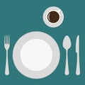 Plate, knife, fork, spoon and cup. Top view of table setting. Flat design. Vector illustration Royalty Free Stock Photo