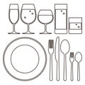 Plate, knife, fork, spoon and drinking glasses Royalty Free Stock Photo