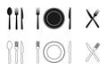 Plate, knife, fork and spoon icons set. Tableware flat and line icons collection. Vector