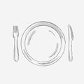 Plate knife fork and spoon sketch. Cutlery set Vintage vector illustration. Royalty Free Stock Photo