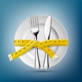 Plate with knife, fork and tailoring centimeter. Dieting and wei