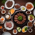 A plate of Korean BBQ with thinly sliced beef and an assortment of banchan4