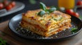 a plate of lasagna on a wooden cutting board