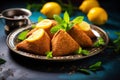 A plate of Lebanese kibbeh served with a lemon wedge, mediterranean food life style Authentic