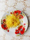 Plate with lemon citron on table with tablecloth