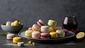 a plate of macaroons next to a bowl of lemons. Royalty Free Stock Photo