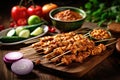 Malaysian food Satay on wooden table top.