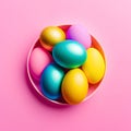 Plate with many colorful Easter eggs on pink background with copy space, Generative AI Royalty Free Stock Photo