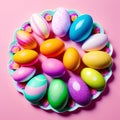 Plate with many colorful Easter eggs on pink background with copy space, Generative AI Royalty Free Stock Photo