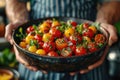 A Plate With Marinade Cherry Tomatoes in the Hands of a Chef extreme closeup. Generative AI